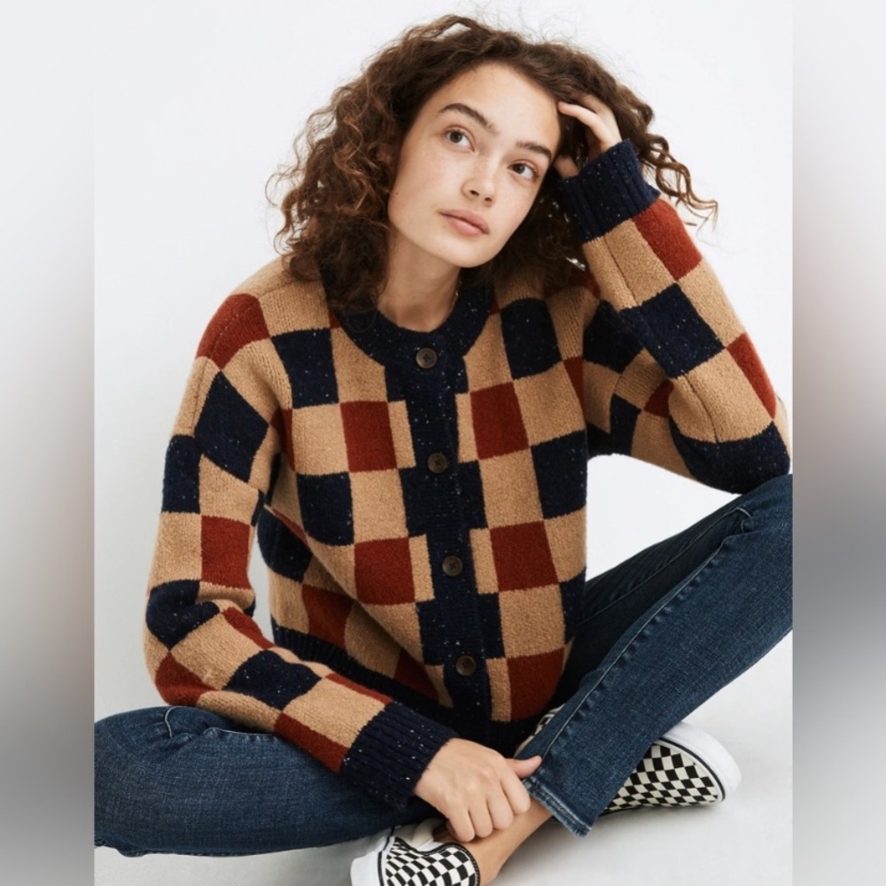 Madewell Checkered Colburne Cardigan Sweater in Coziest Textured Yarn